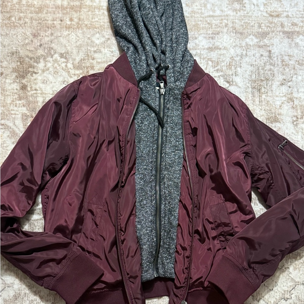 Ci Sono Maroon Bomber Jacket with Charcoal Hoodie